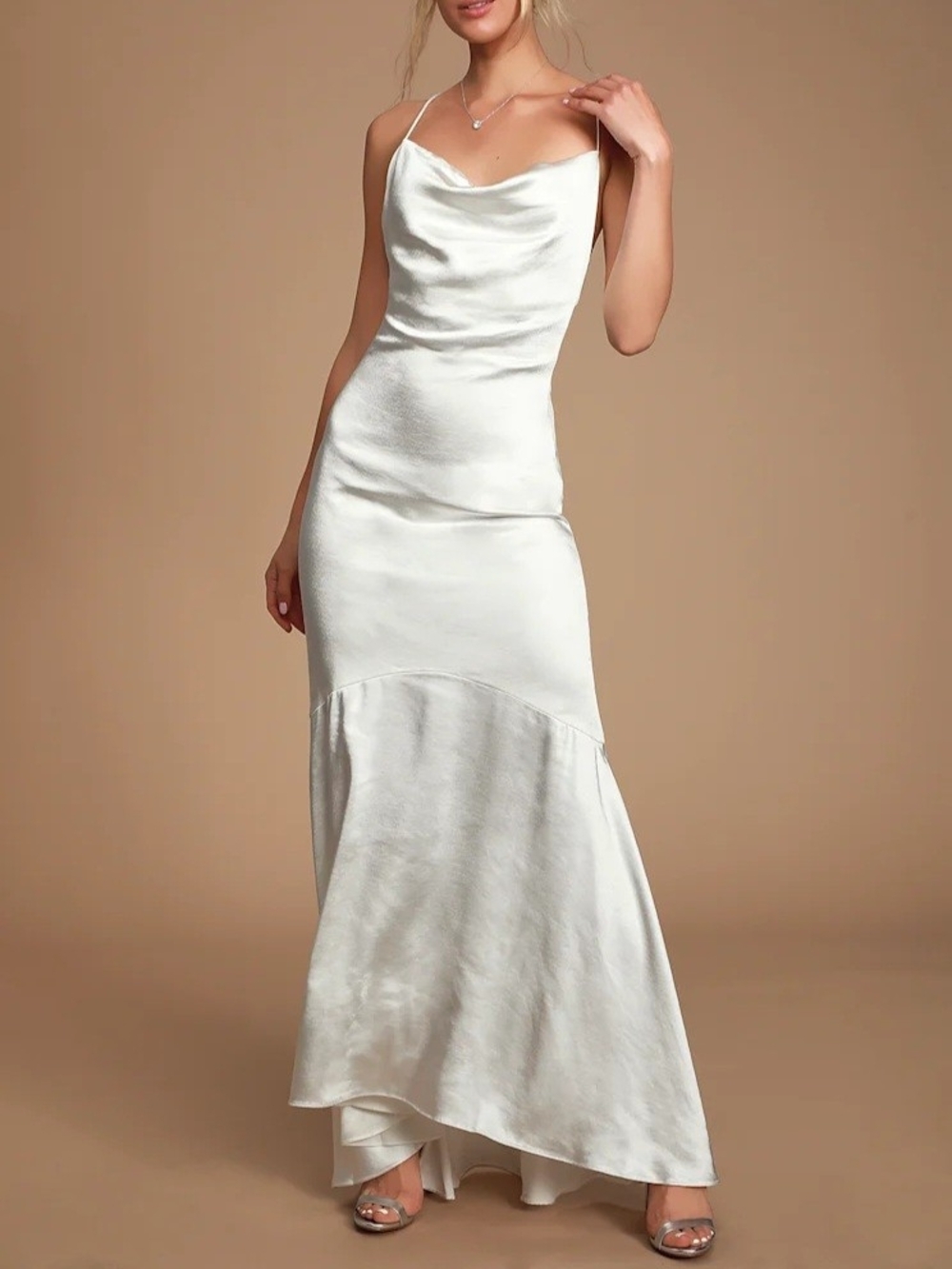 Elliatt Aisle White Satin Cowl Neck Slip Dress